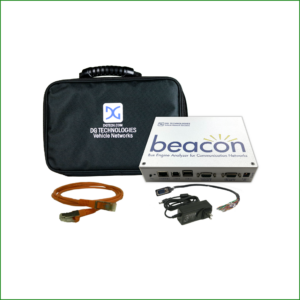 DG Technologies Beacon multi-channel CAN and CAN FD data logger and bench-to-bus ECU prototyping tool connected to a test bench setup.
