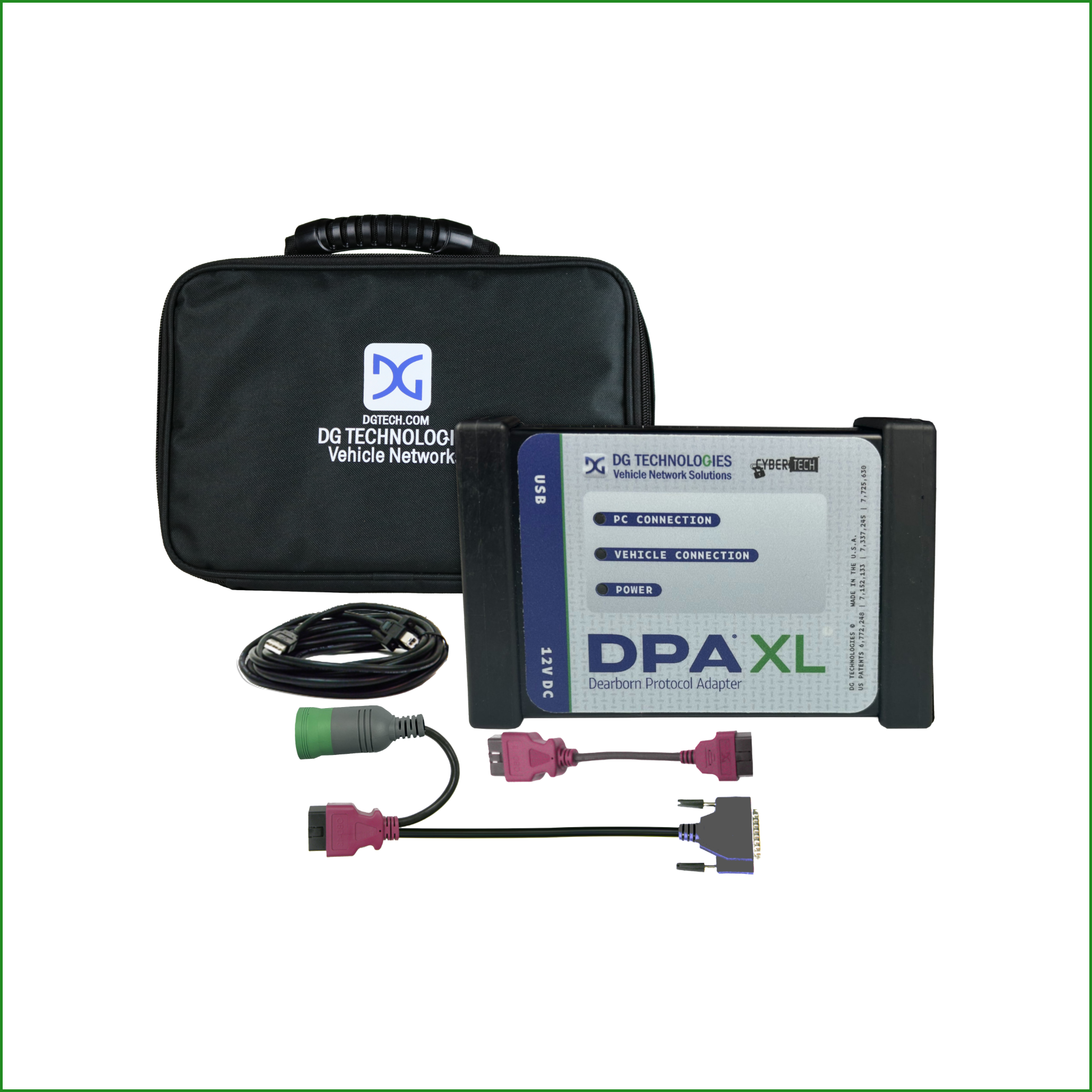DG Technologies DPA XL V13 Kit featuring CARB-compliant DPA Inspect diagnostic hardware, Deutsch connectors, and CyberGuard security.